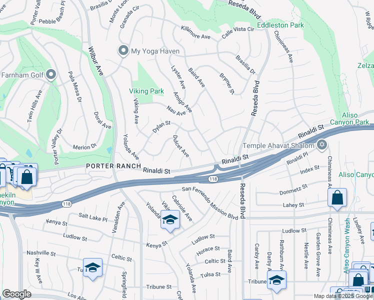 map of restaurants, bars, coffee shops, grocery stores, and more near 11300 Dulcet Avenue in Los Angeles