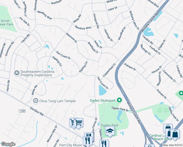map of restaurants, bars, coffee shops, grocery stores, and more near 5415-5431 Sun Coast Drive in Wilmington