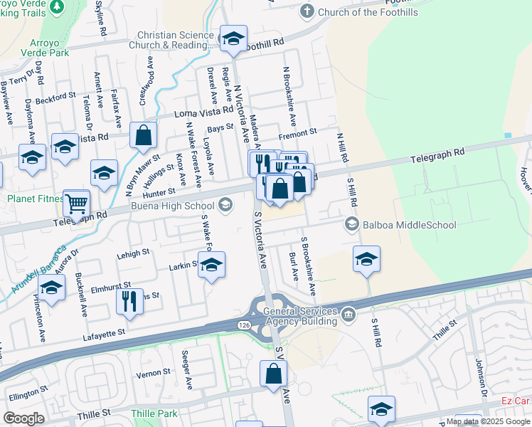 map of restaurants, bars, coffee shops, grocery stores, and more near 5900 Telegraph Road in Ventura