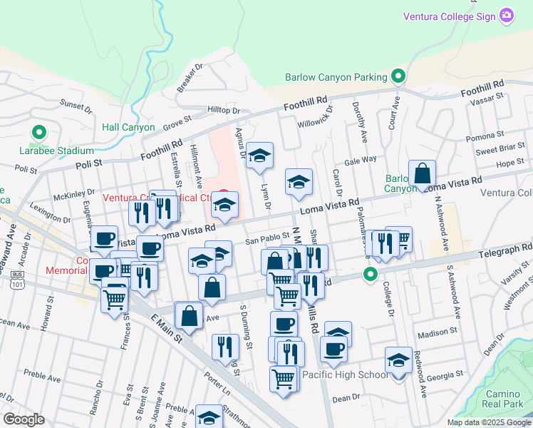 map of restaurants, bars, coffee shops, grocery stores, and more near 203 Lynn Drive in Ventura