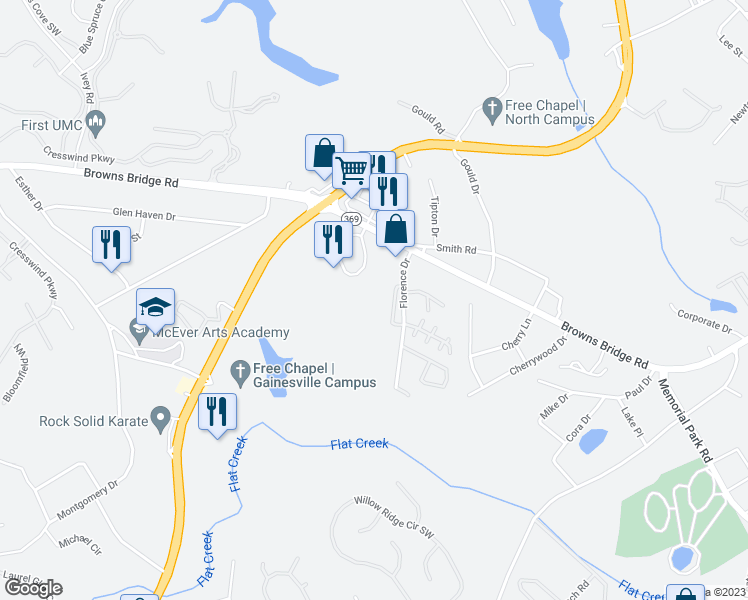 map of restaurants, bars, coffee shops, grocery stores, and more near 2859 Browns Bridge Road in Gainesville