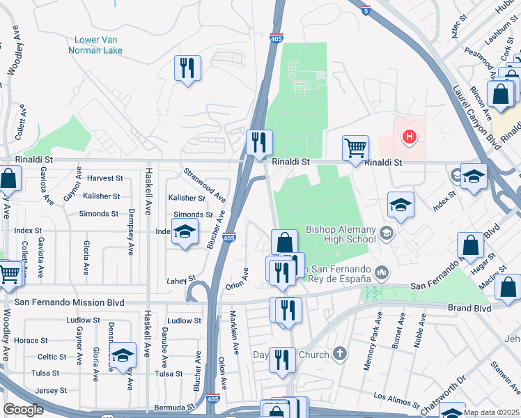 map of restaurants, bars, coffee shops, grocery stores, and more near 11333 Sepulveda Blvd in Mission Hills