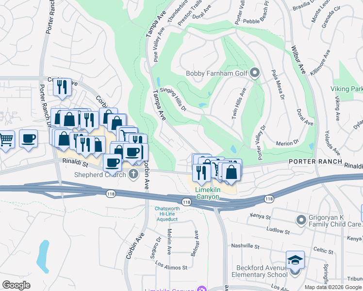 map of restaurants, bars, coffee shops, grocery stores, and more near 11311 Tampa Avenue in Los Angeles