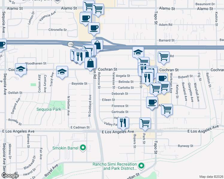 map of restaurants, bars, coffee shops, grocery stores, and more near 4090 Carlotta Street in Simi Valley