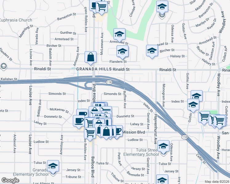 map of restaurants, bars, coffee shops, grocery stores, and more near 16837 Simonds Street in Los Angeles