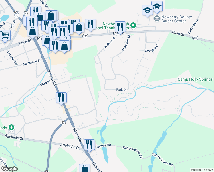 map of restaurants, bars, coffee shops, grocery stores, and more near 1105 Wallace Drive in Newberry
