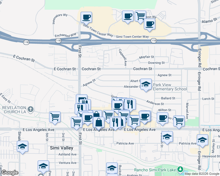 map of restaurants, bars, coffee shops, grocery stores, and more near 1294 Alexander Street in Simi Valley