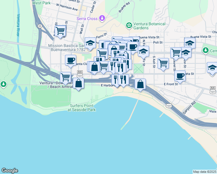 map of restaurants, bars, coffee shops, grocery stores, and more near 350 Paseo De Playa in Ventura