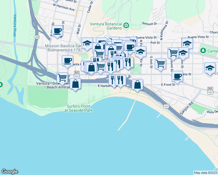 map of restaurants, bars, coffee shops, grocery stores, and more near 350 Paseo De Playa in Ventura