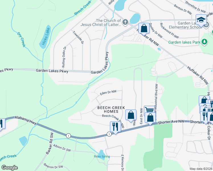 map of restaurants, bars, coffee shops, grocery stores, and more near 14 Graben Drive Northwest in Rome
