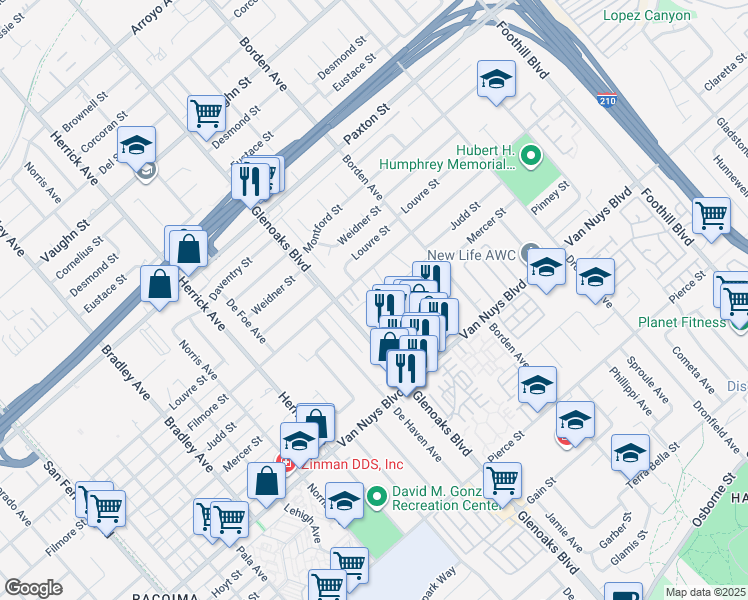 map of restaurants, bars, coffee shops, grocery stores, and more near 12854 Avenida Bonita in Los Angeles