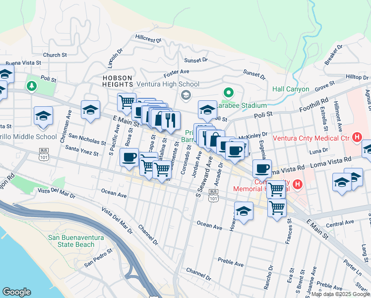 map of restaurants, bars, coffee shops, grocery stores, and more near 51 Coronado Street in Ventura