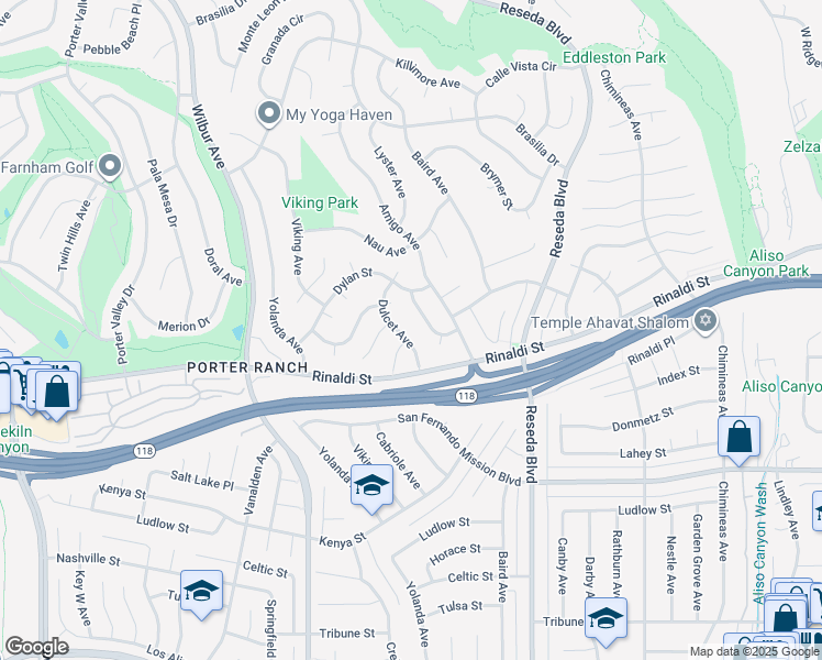 map of restaurants, bars, coffee shops, grocery stores, and more near 11300 Dulcet Avenue in Los Angeles