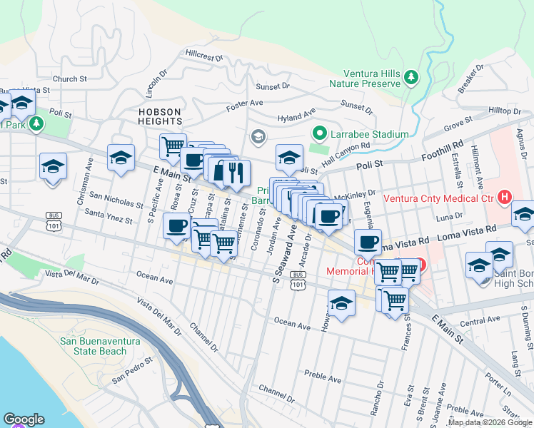 map of restaurants, bars, coffee shops, grocery stores, and more near 44 Coronado Street in Ventura
