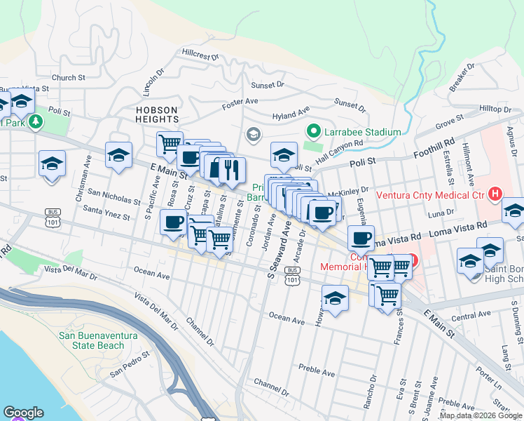 map of restaurants, bars, coffee shops, grocery stores, and more near 44 Coronado Street in Ventura