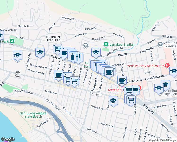 map of restaurants, bars, coffee shops, grocery stores, and more near 44 Coronado Street in Ventura