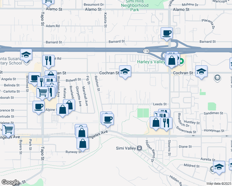 map of restaurants, bars, coffee shops, grocery stores, and more near 4827 Leeds Street in Simi Valley