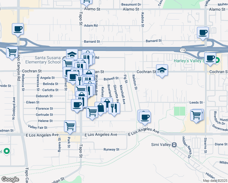 map of restaurants, bars, coffee shops, grocery stores, and more near 2295 Gloryette Avenue in Simi Valley