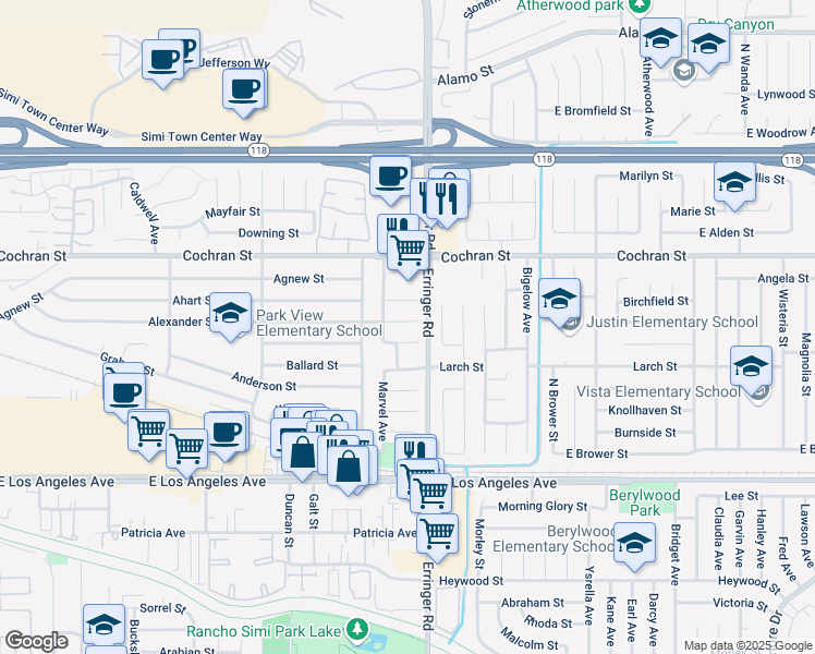 map of restaurants, bars, coffee shops, grocery stores, and more near 1843 Denham Court in Simi Valley