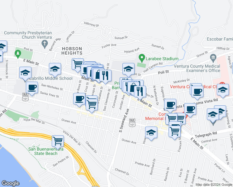 map of restaurants, bars, coffee shops, grocery stores, and more near 51 Coronado Street in Ventura