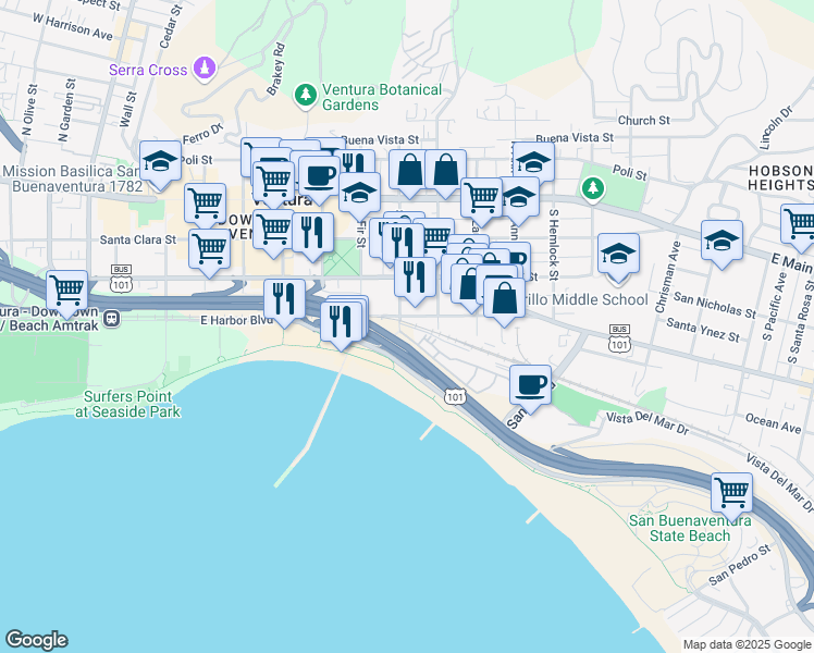 map of restaurants, bars, coffee shops, grocery stores, and more near 840 East Front Street in Ventura