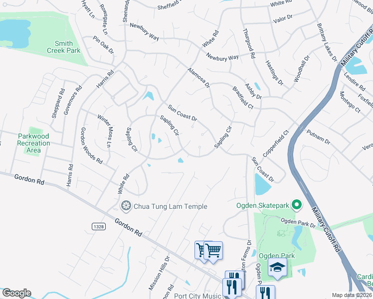 map of restaurants, bars, coffee shops, grocery stores, and more near 2111 Sapling Circle in Wilmington