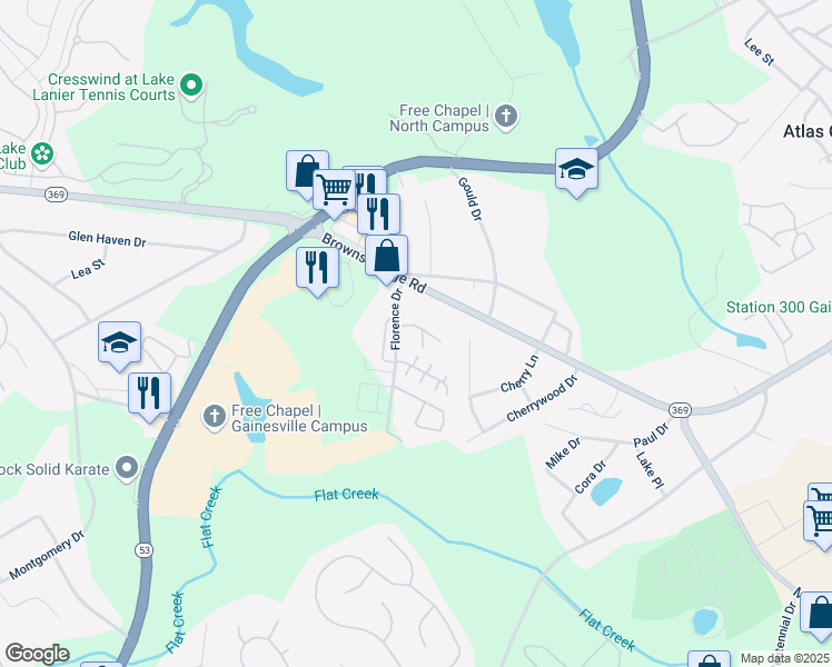 map of restaurants, bars, coffee shops, grocery stores, and more near 2817 Florence Drive in Gainesville