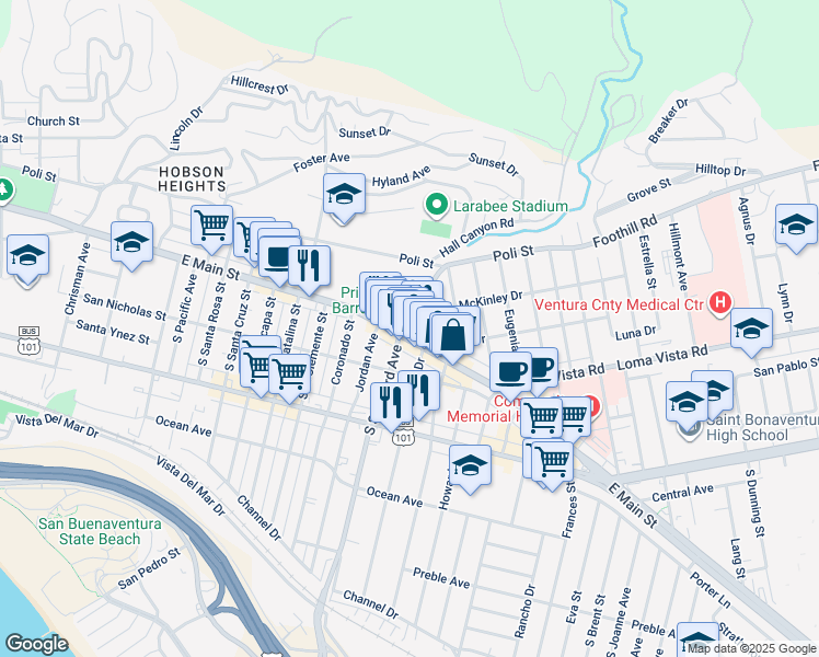 map of restaurants, bars, coffee shops, grocery stores, and more near in Ventura