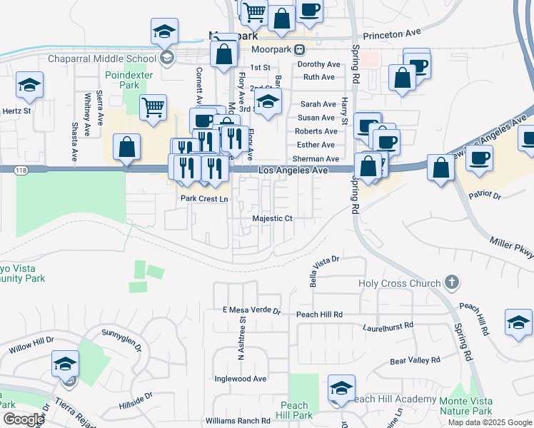 map of restaurants, bars, coffee shops, grocery stores, and more near 151 Majestic Court in Moorpark