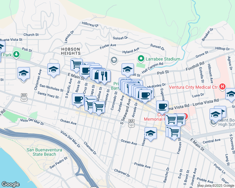 map of restaurants, bars, coffee shops, grocery stores, and more near 44 Coronado Street in Ventura