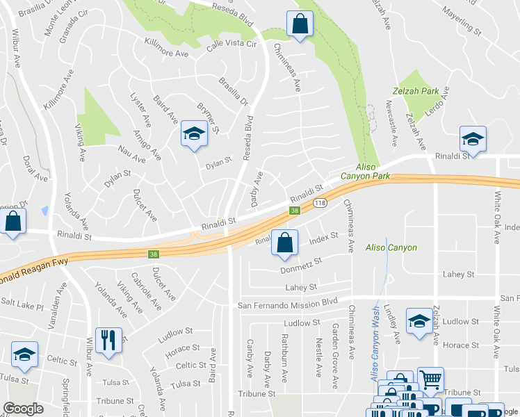 map of restaurants, bars, coffee shops, grocery stores, and more near 18352 Algiers Street in Los Angeles