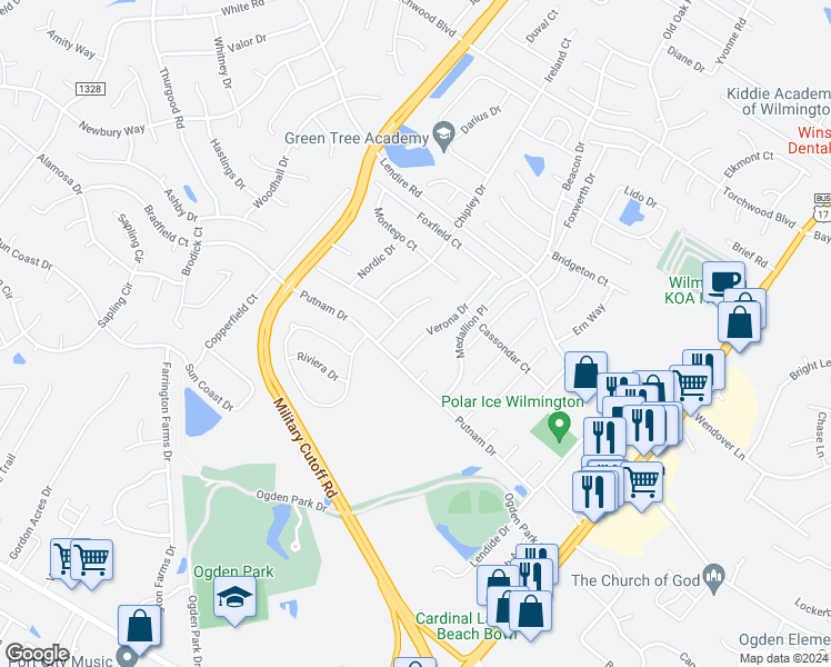 map of restaurants, bars, coffee shops, grocery stores, and more near 7117 Verona Drive in Wilmington