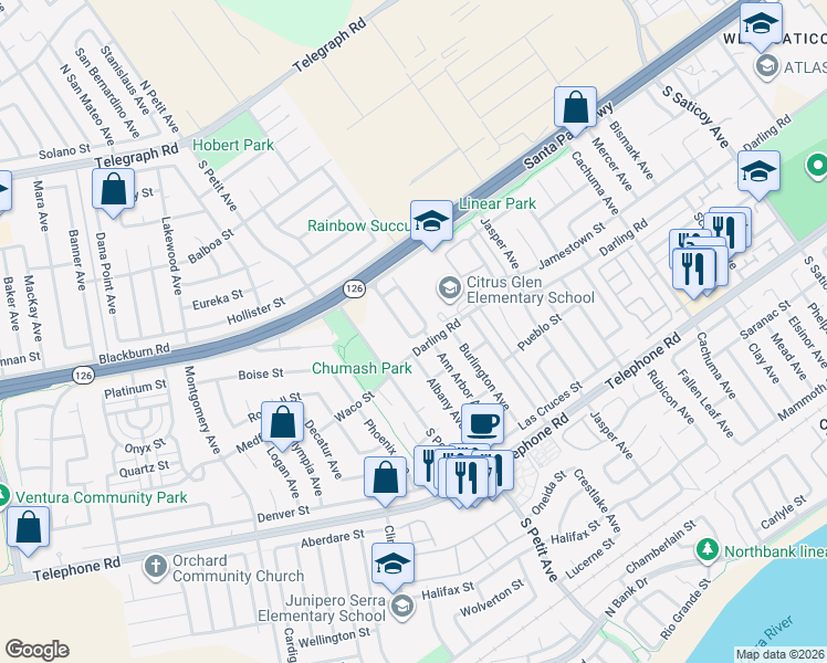 map of restaurants, bars, coffee shops, grocery stores, and more near 676 Chesapeake Place in Ventura