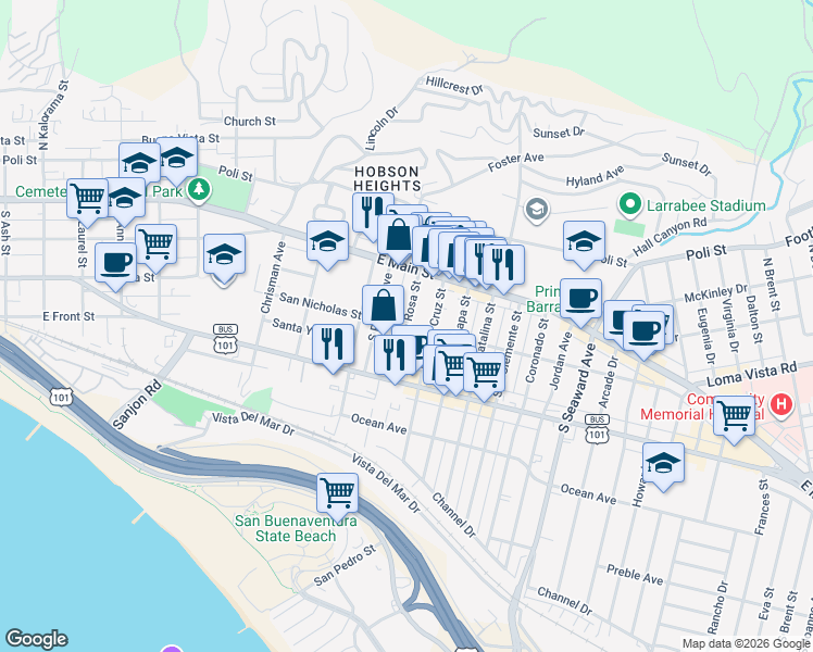 map of restaurants, bars, coffee shops, grocery stores, and more near South Santa Rosa Street in Ventura