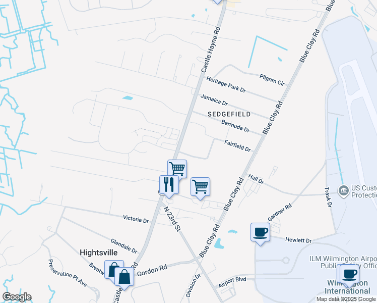 map of restaurants, bars, coffee shops, grocery stores, and more near 101 Spring Road in Wilmington