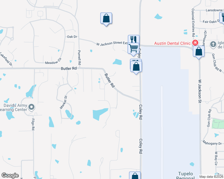 map of restaurants, bars, coffee shops, grocery stores, and more near 4179 Butler Road in Tupelo