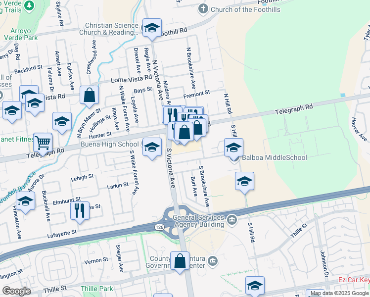 map of restaurants, bars, coffee shops, grocery stores, and more near 6040 Telegraph Road in Ventura