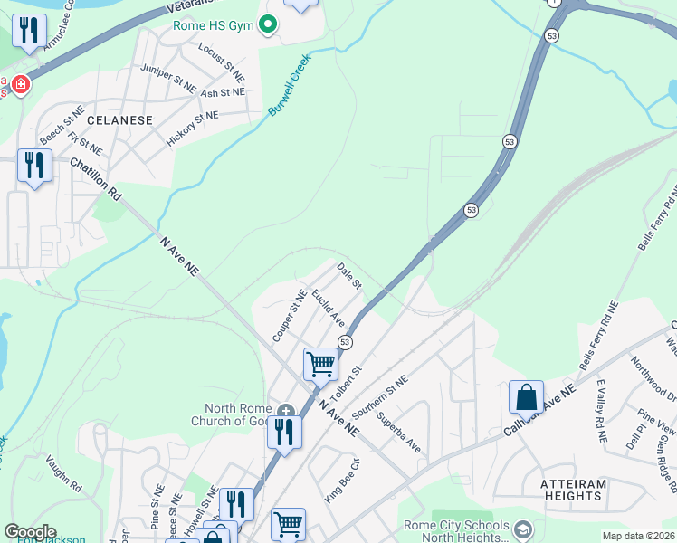 map of restaurants, bars, coffee shops, grocery stores, and more near 306 Couper Street Northeast in Rome