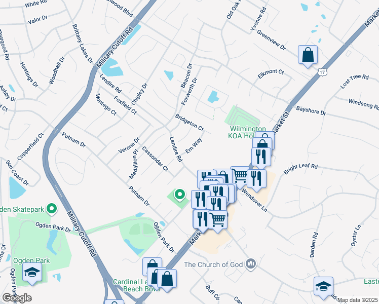 map of restaurants, bars, coffee shops, grocery stores, and more near 7412 Ern Way in Wilmington