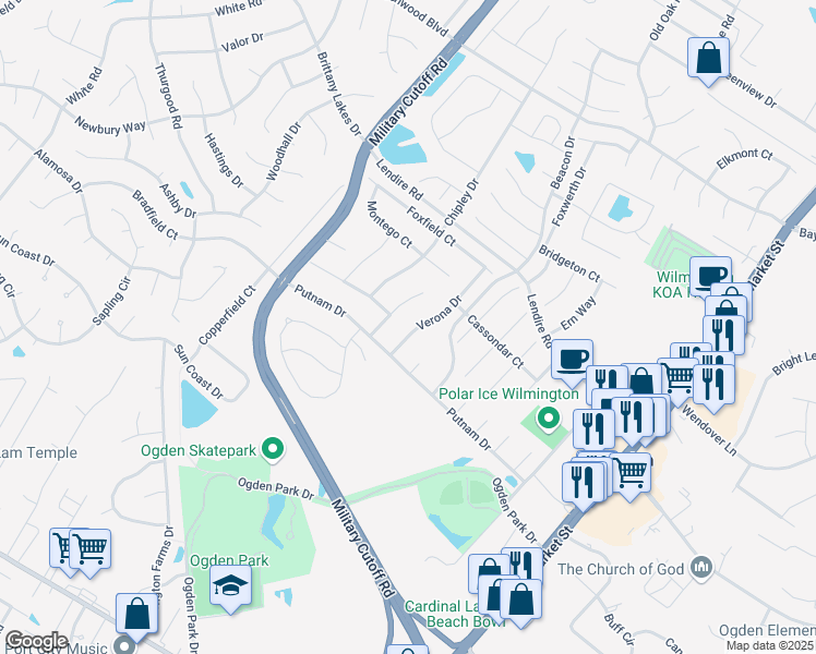 map of restaurants, bars, coffee shops, grocery stores, and more near 7117 Verona Drive in Wilmington