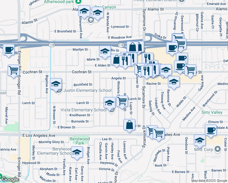 map of restaurants, bars, coffee shops, grocery stores, and more near 2271 Wisteria Street in Simi Valley