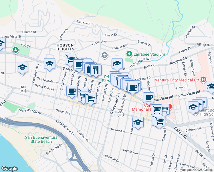 map of restaurants, bars, coffee shops, grocery stores, and more near 44 Coronado Street in Ventura