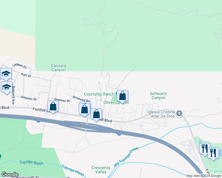 map of restaurants, bars, coffee shops, grocery stores, and more near 10161 Foothill Boulevard in Los Angeles