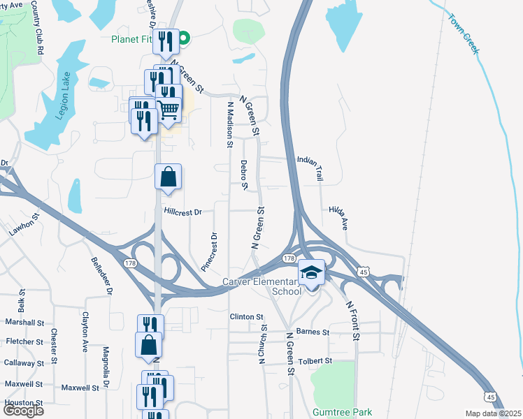 map of restaurants, bars, coffee shops, grocery stores, and more near 1402 North Green Street in Tupelo