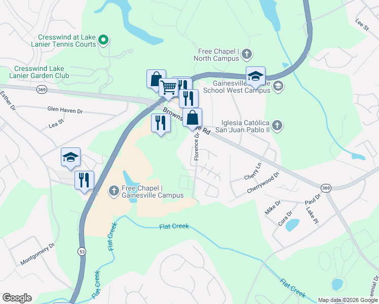 map of restaurants, bars, coffee shops, grocery stores, and more near 2817 Florence Drive in Gainesville