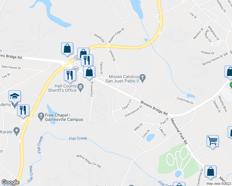 map of restaurants, bars, coffee shops, grocery stores, and more near 2713 Browns Bridge Road in Gainesville