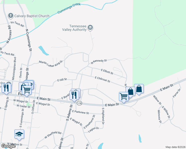 map of restaurants, bars, coffee shops, grocery stores, and more near 508 East Chilcoat Street in Fulton