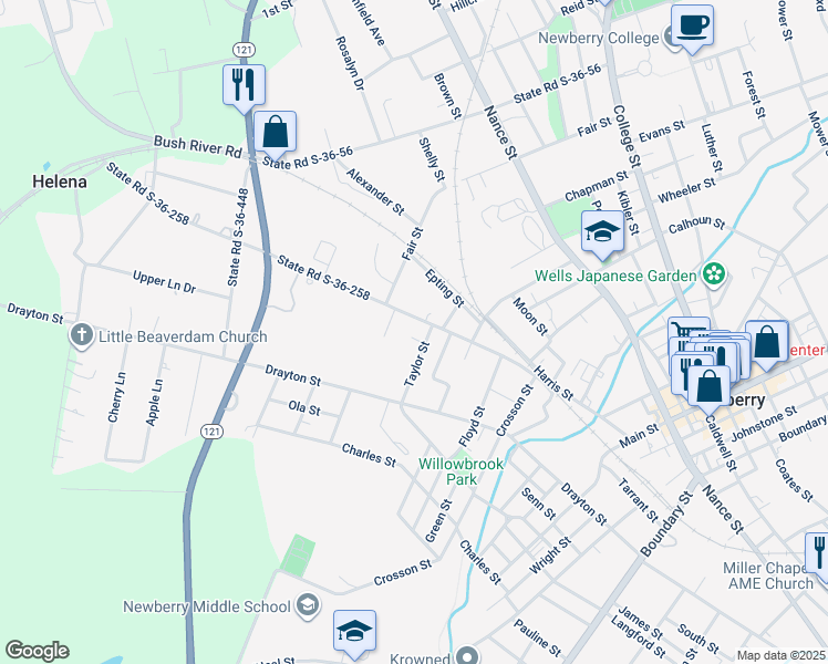map of restaurants, bars, coffee shops, grocery stores, and more near 830 Wardlaw Street in Newberry