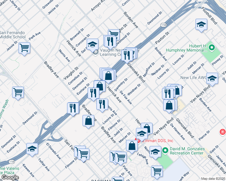 map of restaurants, bars, coffee shops, grocery stores, and more near 13215 Daventry St in Los Angeles