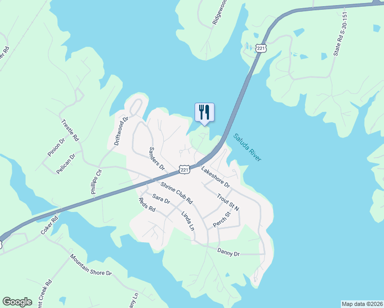 map of restaurants, bars, coffee shops, grocery stores, and more near 100 Lakeshore Drive in Greenwood